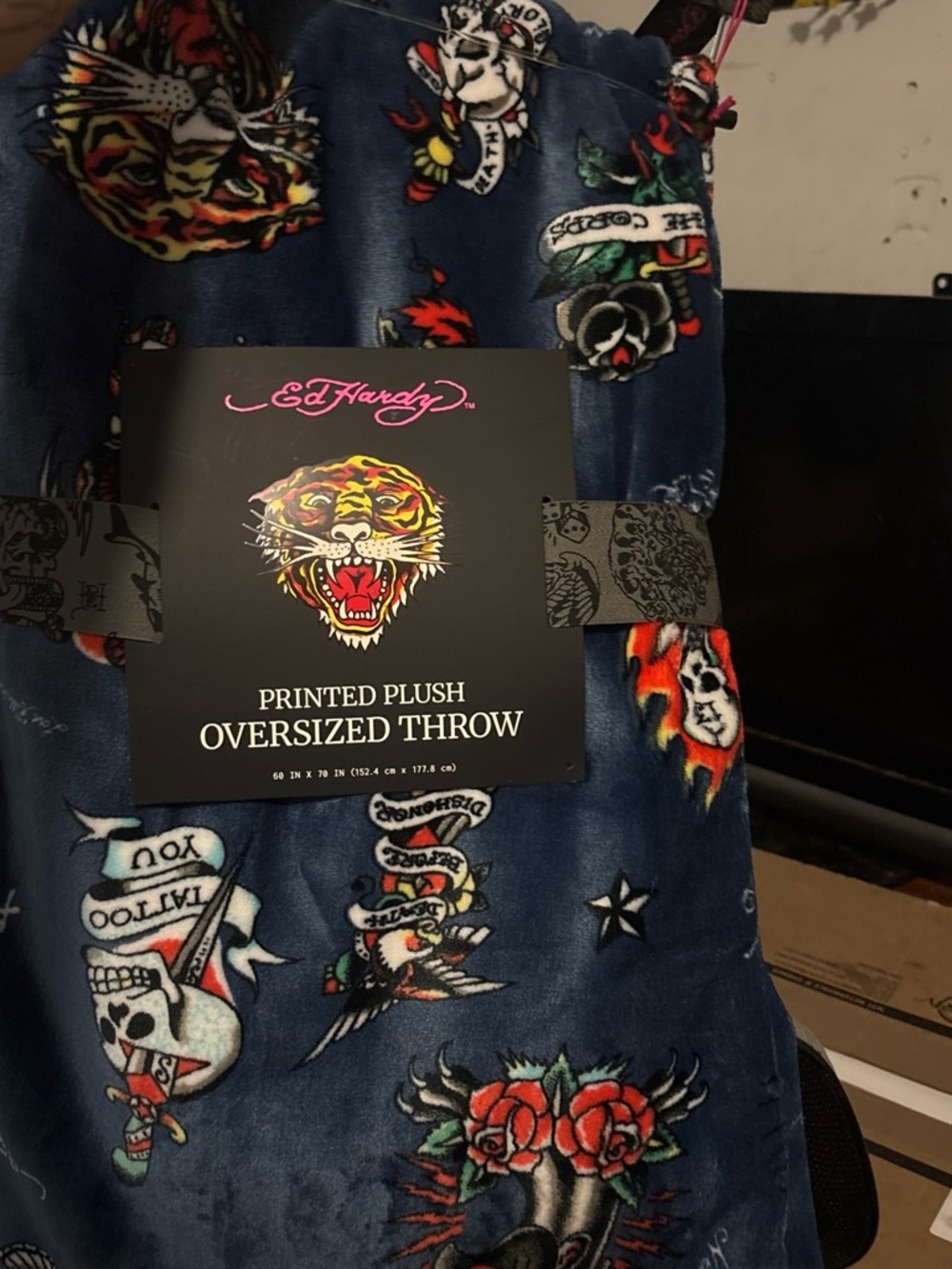 Blue tattoo style Ed Hardy Printed Plush Oversized Throw